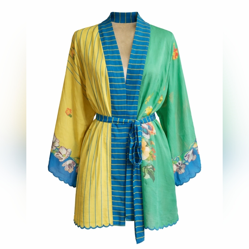 Johnny Was Ariana Floral Kimono Dress Silk Yellow Green  Open Front Belted L